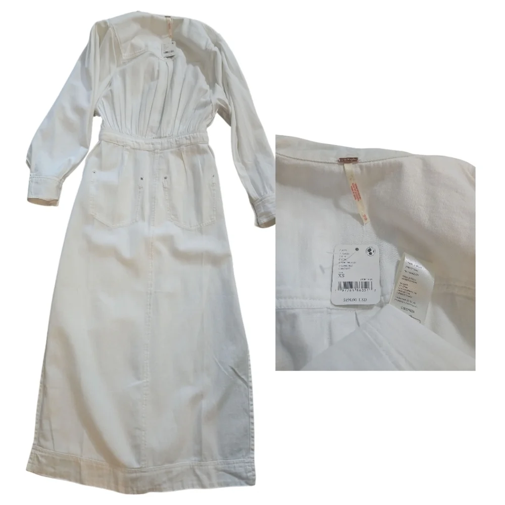 NWT Free People Mad Love Denim Midi Dress Off White Cotton Long Sleeve XS NWT